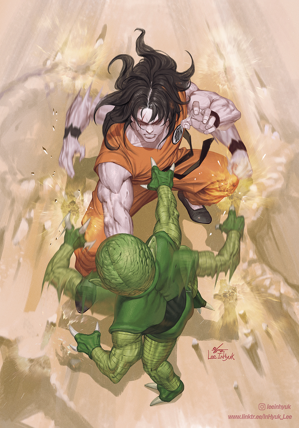 1boy, 1other, alien, artist_name, black_hair, claws, colored_skin, commentary