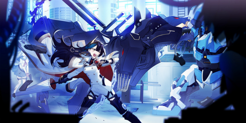 +intro+, 2girls, 2others, aiguillette, angry, animal_collar, arm_at_side, armored_boots