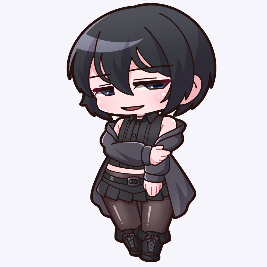 1girl, absurdres, arm_grab, bare_shoulders, belt, belt_buckle, black_belt, black_footwear