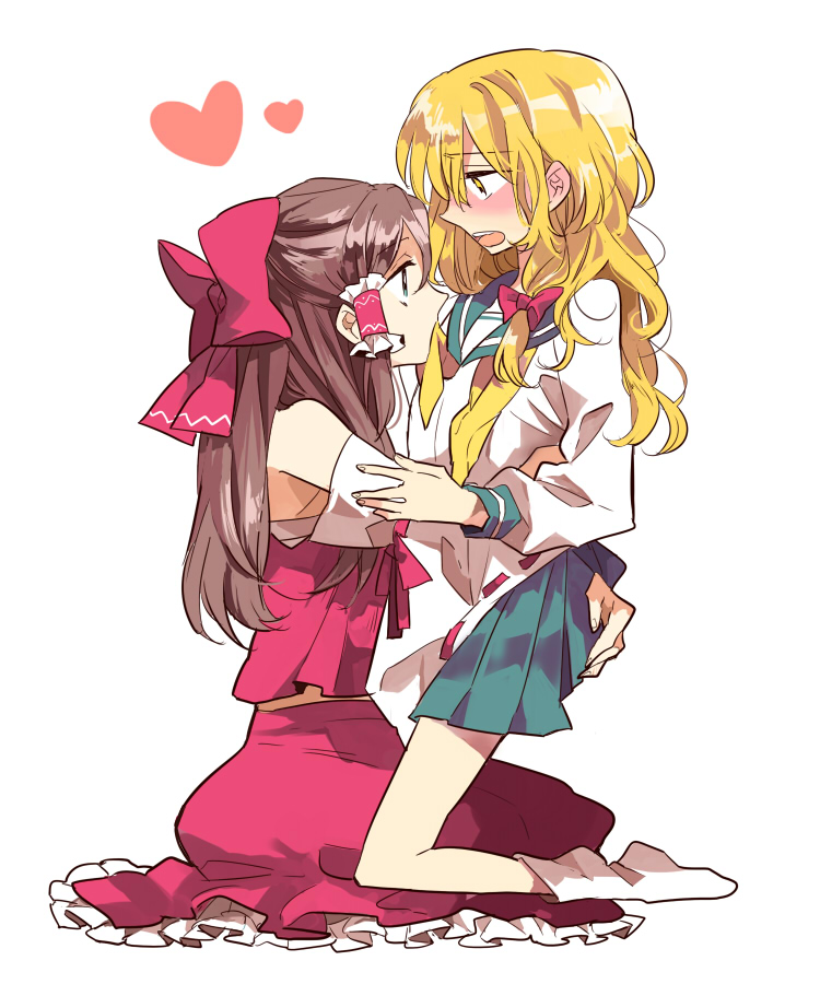 blonde_hair, bow, braid, brown_hair, hair_bow, hakurei_reimu, heart, kirisame_marisa