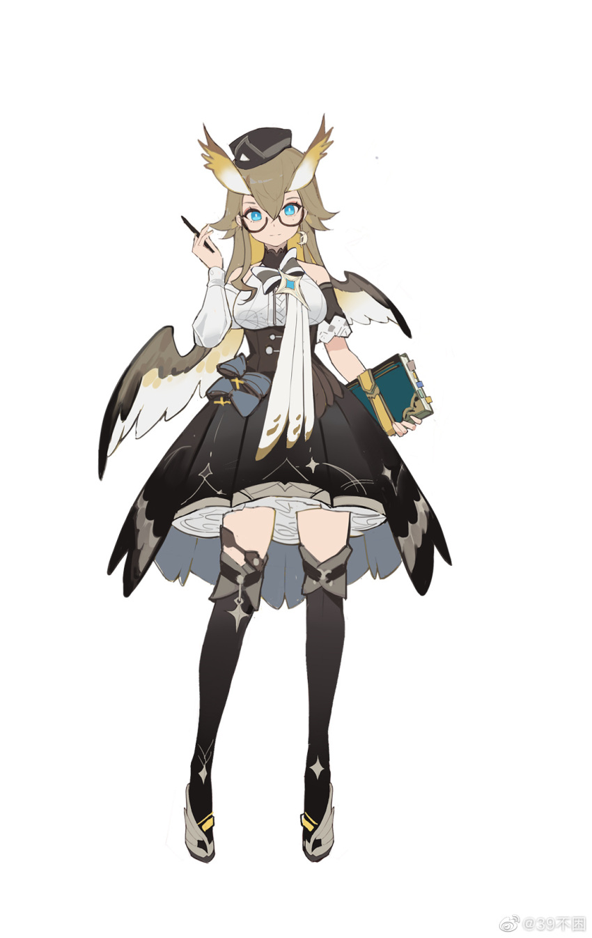 1girl, 39_bukun, asymmetrical_sleeves, asymmetrical_wings, black-framed_eyewear, black_hat, black_skirt, black_sleeves
