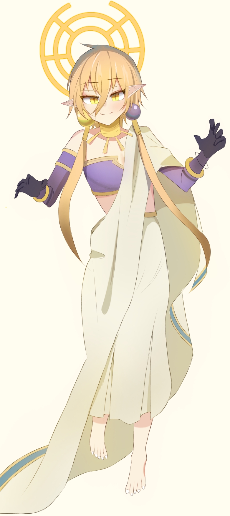 1girl, barefoot, blonde_hair, breasts, closed_mouth, collar, crop_top, elbow_gloves, eyebrows_hidden_by_hair, full_body, genie, gloves, hair_between_eyes, halo, highres, hiya_(lv2_cheat), large_earrings, light_blush, looking_at_viewer, lv2_kara_cheat_datta_moto_yuusha_kouho_no_mattari_isekai_life, metal_collar, pointy_ears, purple_gloves, robe, short_hair, simple_background, slit_pupils, small_breasts, smile, solo, standing, standing_on_one_leg, toes, user_kso8224, white_background, white_robe, yellow_eyes, yellow_halo