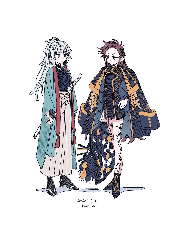 2girls, ankle_boots, aqua_haori, artist_name, bangs_pinned_back, black_coat, black_dress, black_footwear