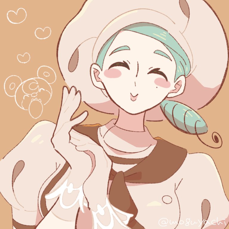 1girl, ascot, breasts, brown_ascot, buttons, chef_hat, closed_eyes, closed_mouth, commentary_request, green_hair, hachisen, hat, katy_(pokemon), low_side_ponytail, mole, mole_on_cheek, pokemon, pokemon_sv, puffy_short_sleeves, puffy_sleeves, short_sleeves, smile, solo, upper_body