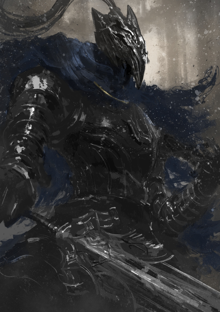 1boy, absurdres, armor, artorias_the_abysswalker, asaki_(asaki_vision), blue_cape, breastplate, cape