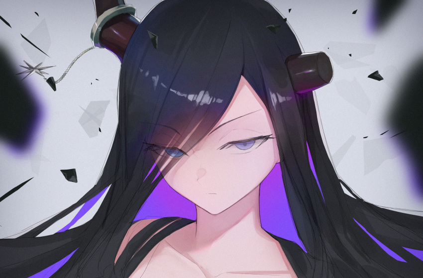 1girl, black_hair, blue_eyes, blurry, blurry_foreground, broken_horn, brown_dust_2, closed_mouth, colored_inner_hair, demon_girl, demon_horns, eclipse_(brown_dust_2), eyebrows_hidden_by_hair, glaring, hair_over_one_eye, highres, horn_ornament, horn_ring, horns, long_hair, looking_at_viewer, multicolored_hair, purple_hair, qazplm951, simple_background, solo, two-tone_hair, upper_body, very_long_hair, wind