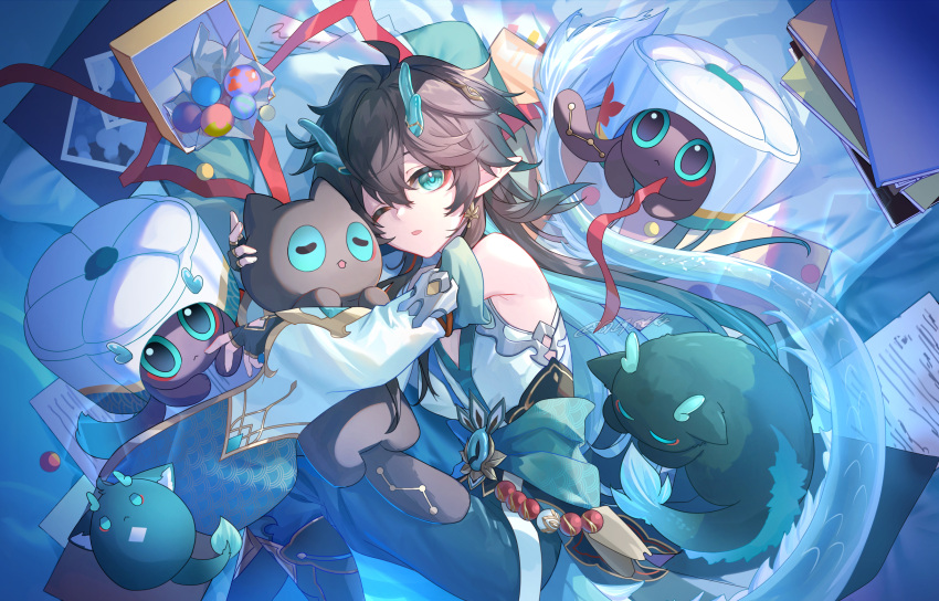 ashy_paste_(honkai:_star_rail), ball, black_hair, blue_eyes, book, box, cardboard_box, child