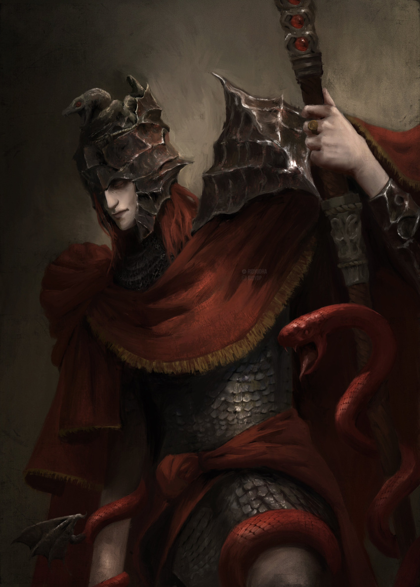 1boy, absurdres, armor, black_snake, chainmail, deviantart_logo, deviantart_username, elden_ring