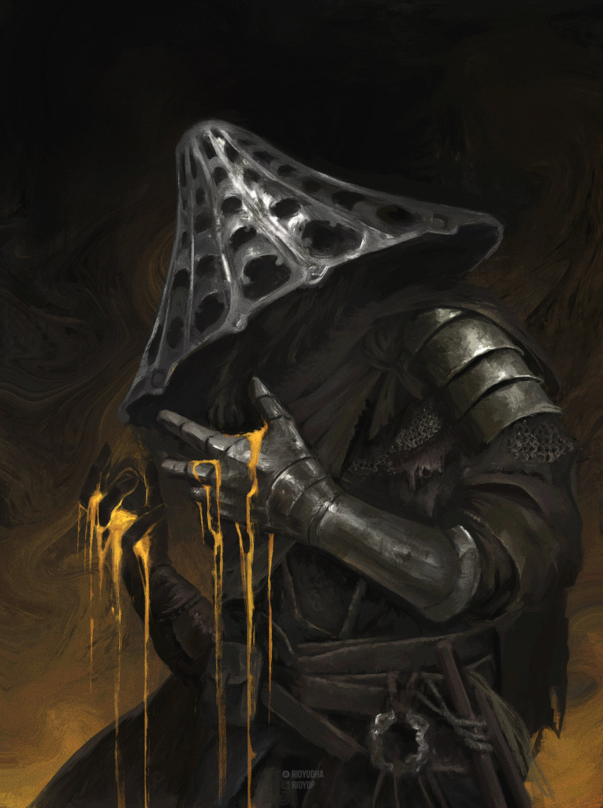 1boy, 1girl, absurdres, armor, brown_background, elden_ring, gauntlets, gloves