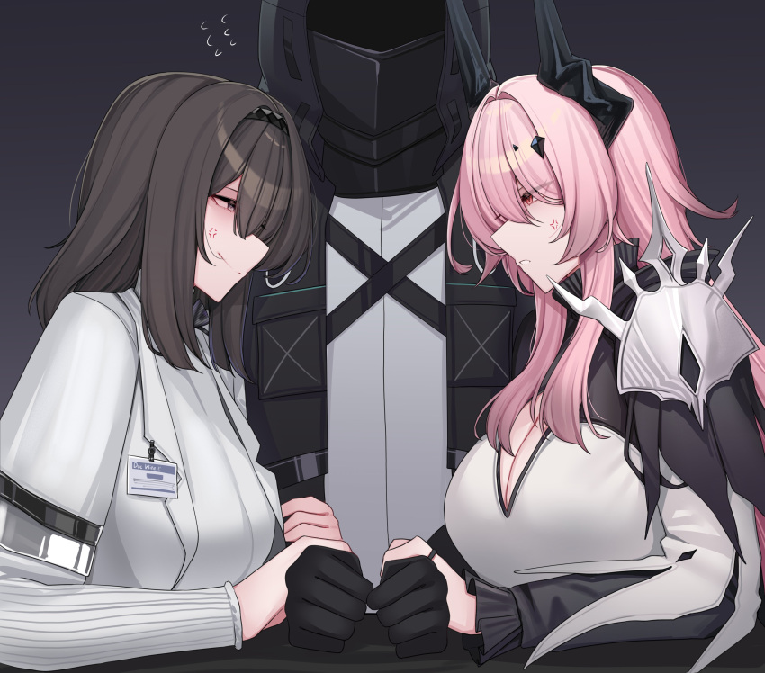 1boy, 2girls, absurdres, anger_vein, angry, arknights, breasts, brown_hair