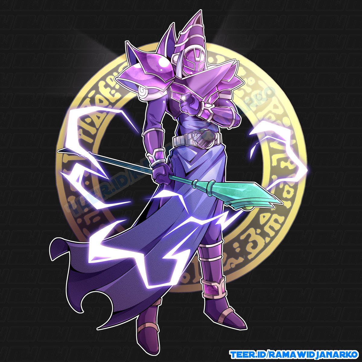 1boy, armor, artist_name, black_background, cosplay, dark_magician, dark_magician_(cosplay), duel_monster, full_body, helmet, highres, holding, holding_staff, kamen_rider, kamen_rider_wizard, kamen_rider_wizard_(series), male_focus, purple_armor, purple_helmet, ramawidjanarko2, rider_belt, solo, staff, wizardriver, yu-gi-oh!