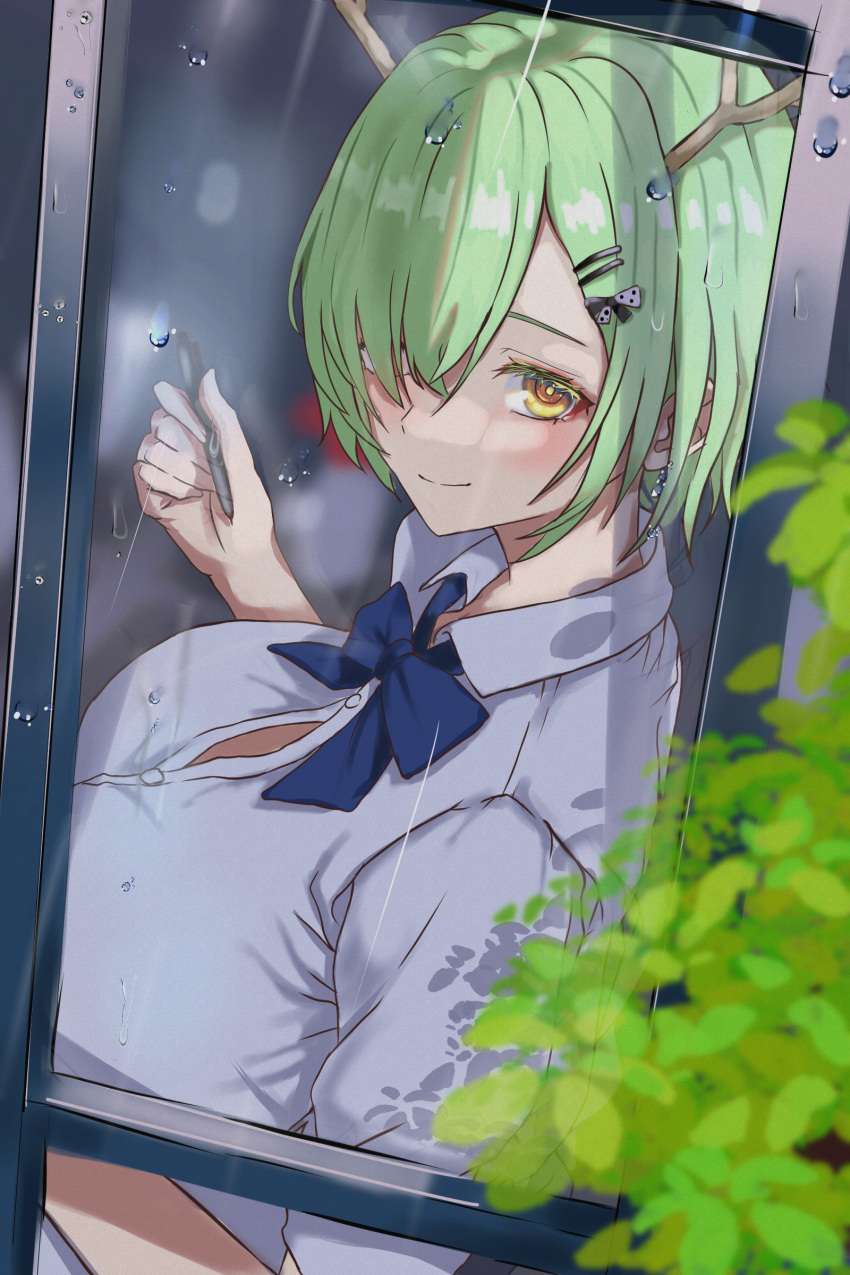 1girl, absurdres, blue_bow, blue_bowtie, bow, bowtie, breasts, ceres_fauna, green_hair, hair_over_one_eye, highres, holding, holding_pen, hololive, hololive_english, jomizumi, large_breasts, looking_at_viewer, pen, rain, short_hair, smile, through_window, virtual_youtuber, yellow_eyes