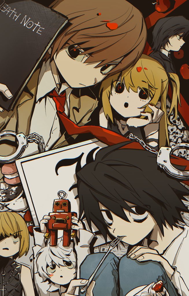1girl, 5boys, amane_misa, apple, bags_under_eyes, bbbbbaasos, black_eyes, black_hair