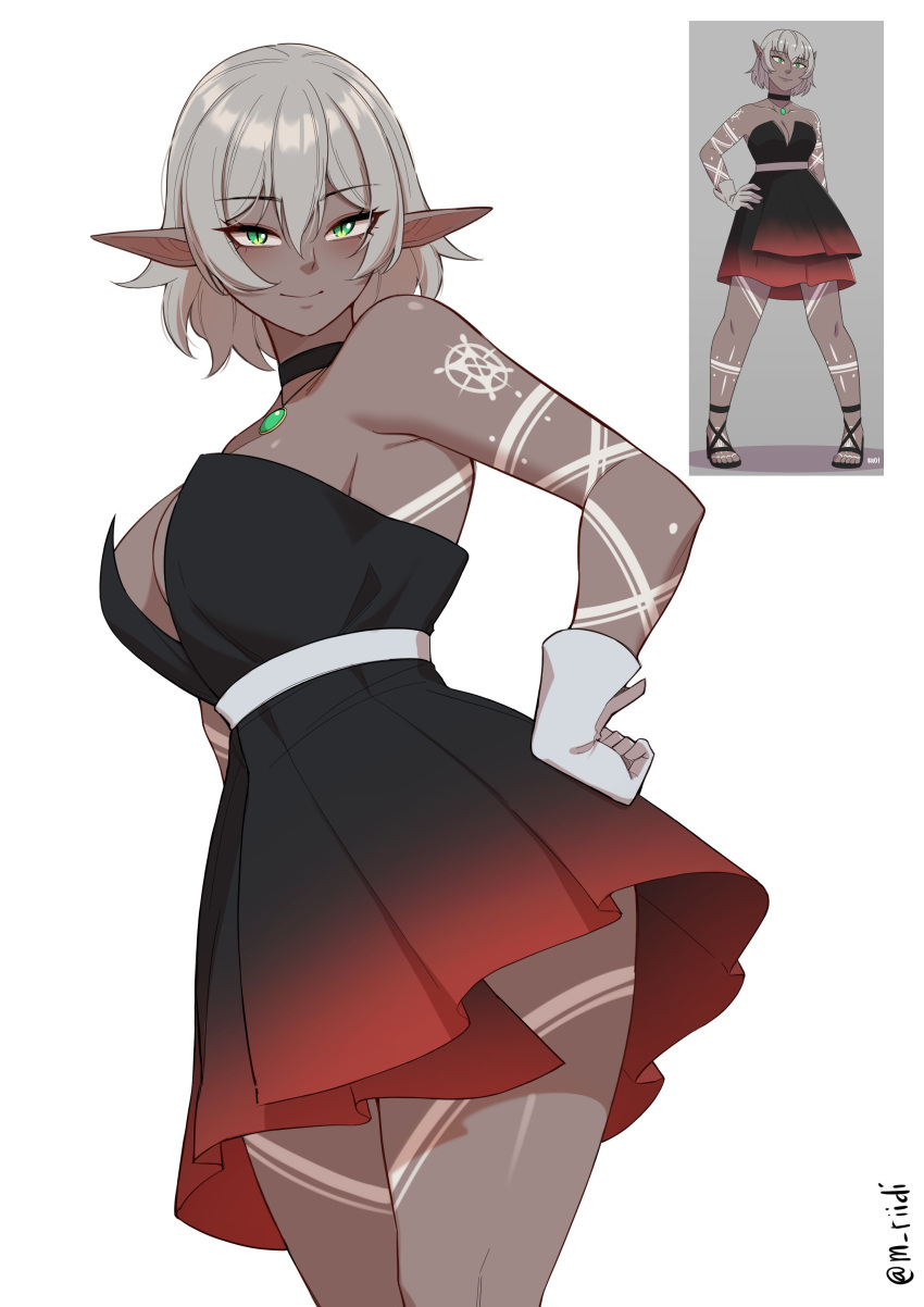 1girl, absurdres, arm_markings, black_dress, breasts, dark-skinned_female, dark_elf, dark_skin