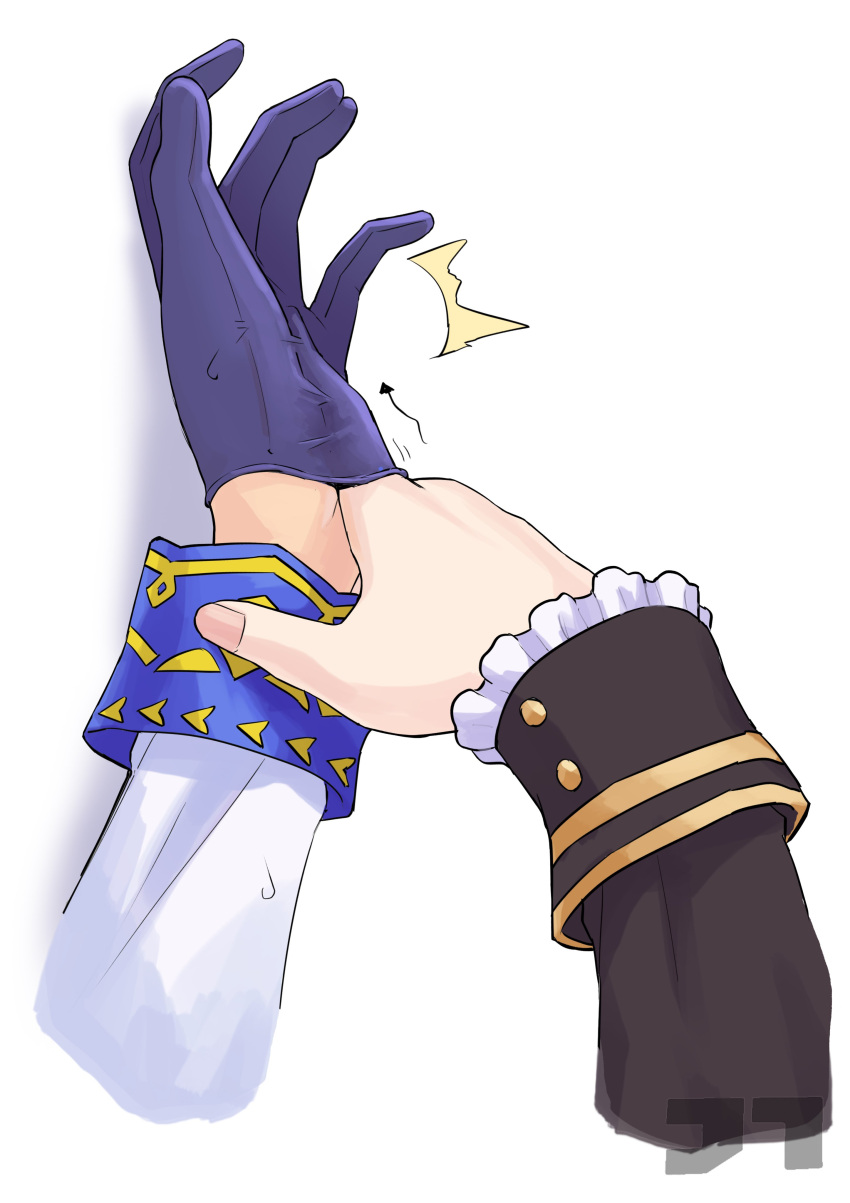 2girls, ^^^, absurdres, arrow_(symbol), artist_logo, blue_gloves, commentary, finger_under_clothes