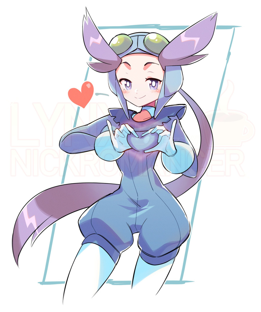 1girl, blush, cheesecakes_by_lynx, closed_mouth, english_commentary, gloves, heart, heart_hands, highres, long_hair, looking_at_viewer, pilot_helmet, pilot_suit, pokemon, pokemon_oras, purple_hair, smile, solo, very_long_hair, violet_eyes, watermark, white_gloves, winona_(pokemon)