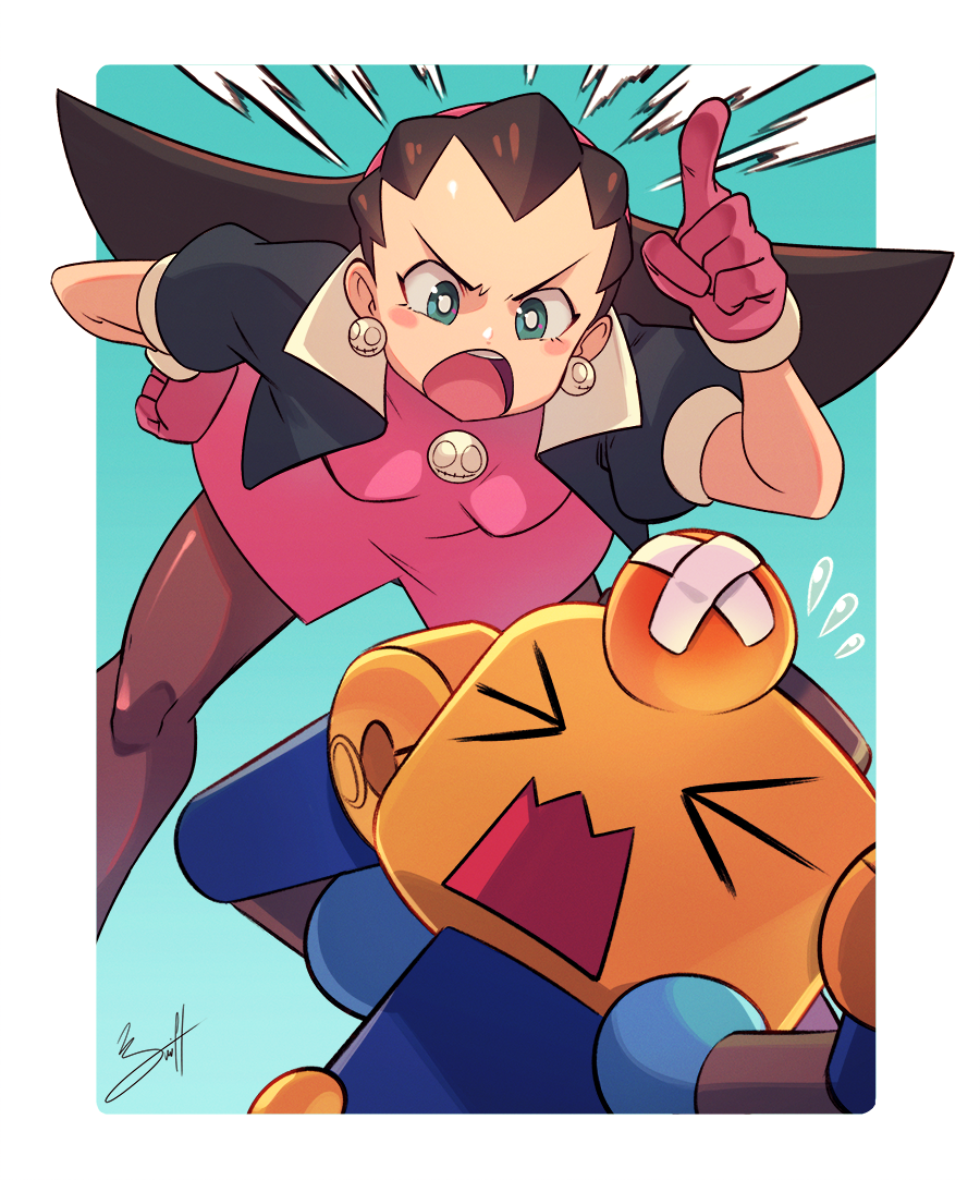 >o<, 1girl, bandaged_head, bandages, border, brown_hair, cheesecakes_by_lynx, dress, earrings, gloves, green_eyes, hand_on_own_hip, head_bump, index_finger_raised, jewelry, looking_at_another, mega_man_(series), mega_man_legends_(series), open_mouth, pantyhose, pink_dress, pink_gloves, robot, servbot_(mega_man), short_sleeves, skull_brooch, skull_earrings, teeth, tron_bonne_(mega_man), upper_teeth_only, white_border