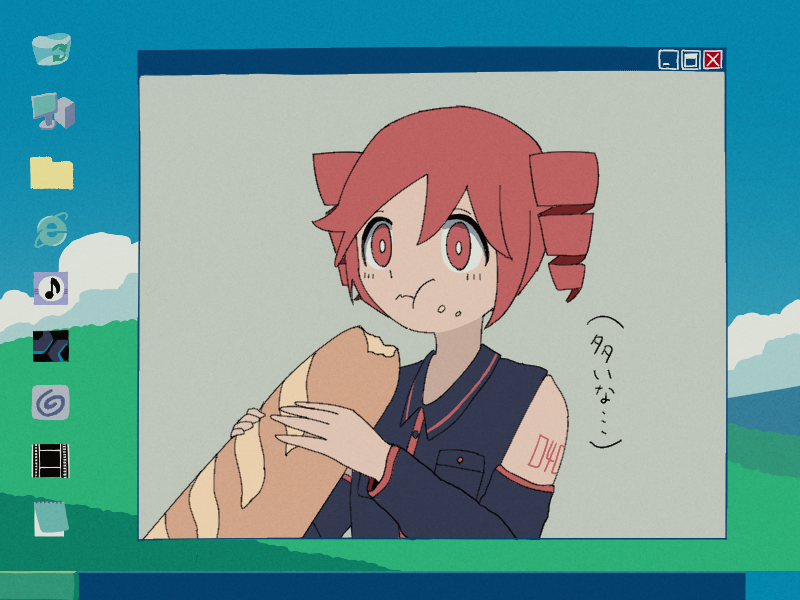 1girl, ashuu_(4syup), black_shirt, black_sleeves, bread, bright_pupils, clip_studio_paint, commentary_request