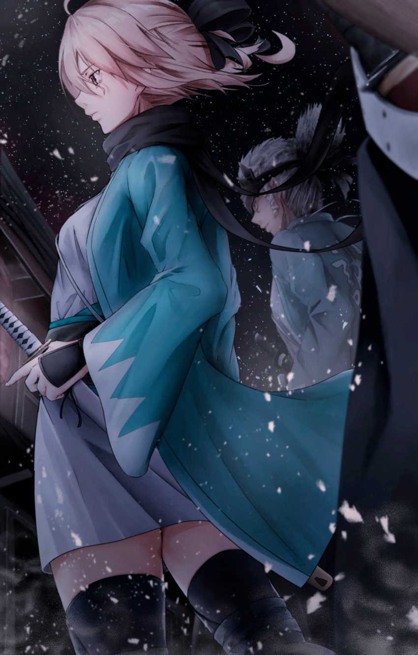 1girl, 2boys, absurdres, ahoge, black_scarf, black_thighhighs, blonde_hair, fate/grand_order