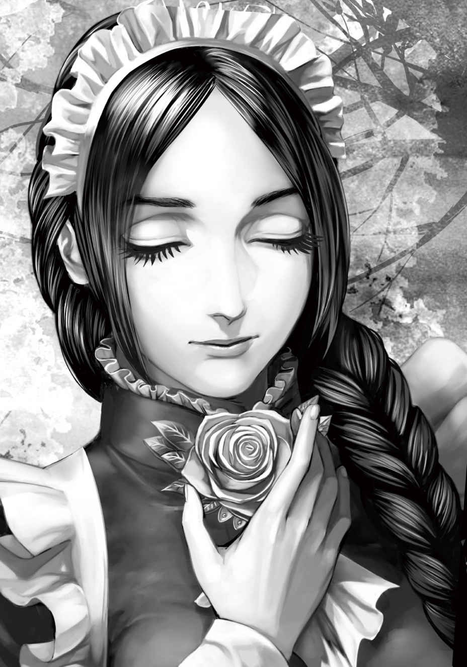 1girl, ascot, braid, closed_eyes, fata_morgana_no_yakata, frilled_shirt_collar, frills, greyscale
