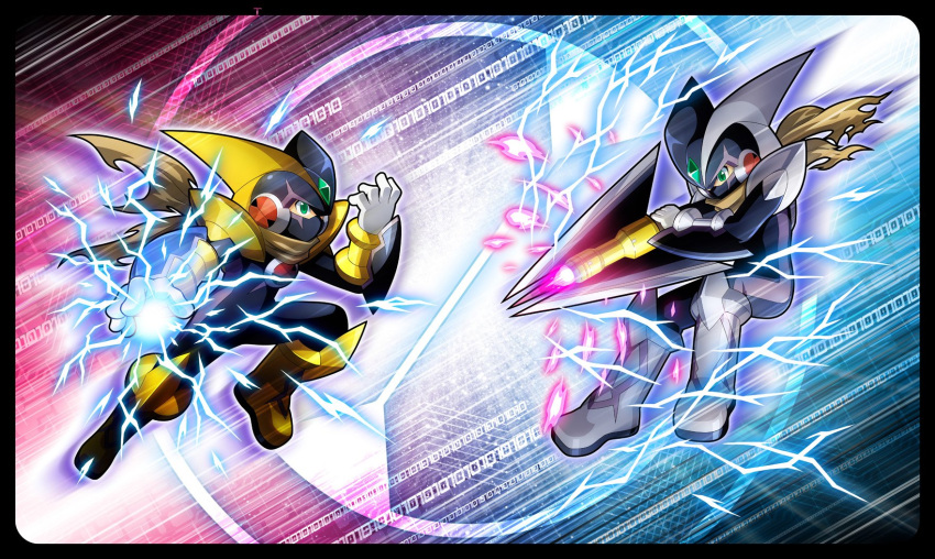 2boys, arm_cannon, bass.exe_(mega_man), bass.exe_(mega_man)_(cosplay), black_bodysuit, bodysuit, brown_scarf, cosplay