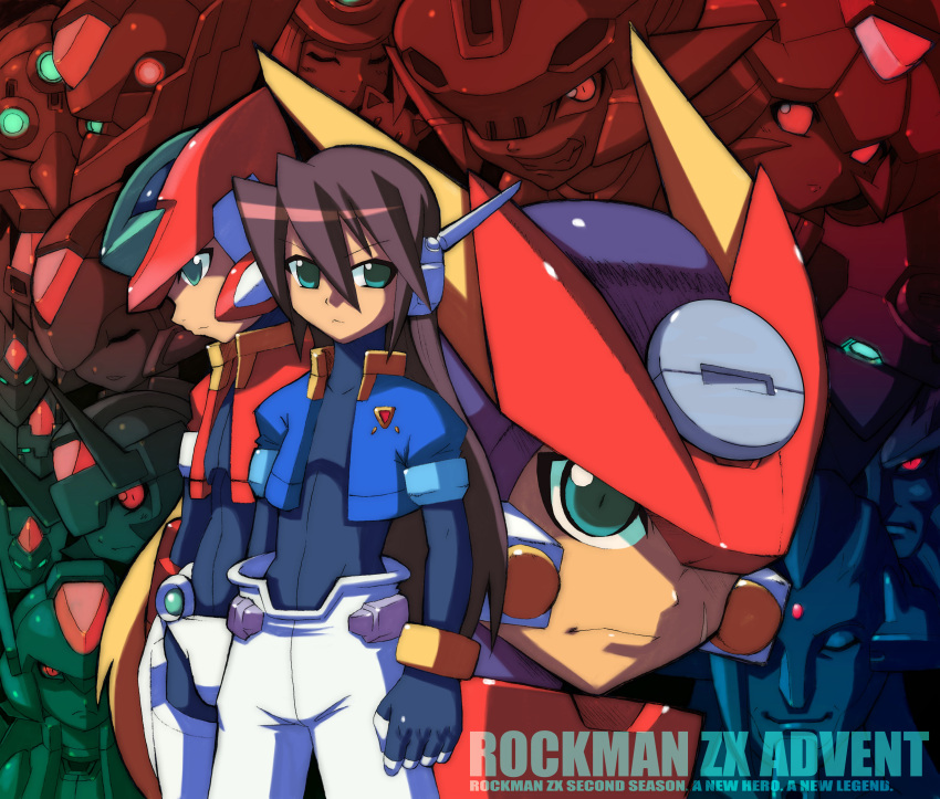 3girls, 6+boys, absurdres, aeolus_(mega_man), armor, atlas_(mega_man), biometal, black_bodysuit