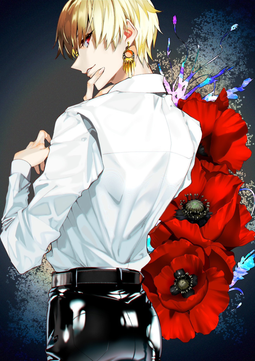 1boy, back, black_pants, blonde_hair, earrings, fate/grand_order, fate/stay_night, fate/strange_fake