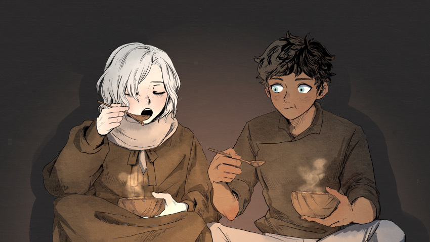 2boys, :t, absurdres, bags_under_eyes, black_hair, blue_eyes, bowl, closed_eyes