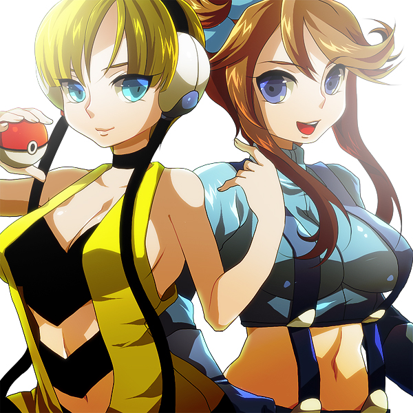 2girls, bare_shoulders, blonde_hair, blue_eyes, bob_cut, breasts, brown_hair, cable