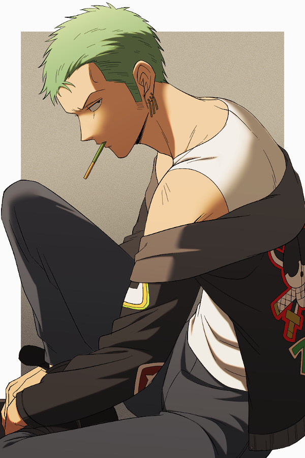 1boy, facial_hair, food, food_in_mouth, from_side, frown, green_hair, jacket