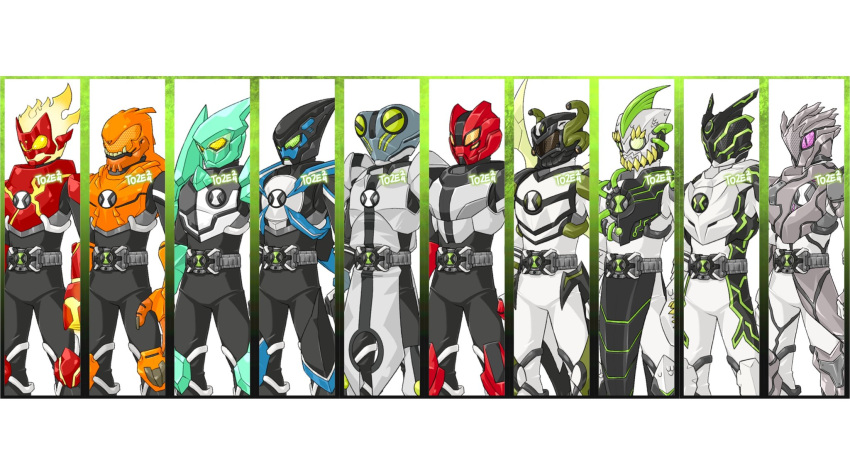 1boy, alien, armor, belt, ben_10, bodysuit, compound_eyes, diamondhead, driver_(kamen_rider), fiery_hair, fire, four_arms_(ben_10), ghostfreak, gloves, glowing, gray_matter, green_eyes, green_pupils, heatblast, helmet, highres, kamen_rider, kamen_rider_omnitrix_(toze), male_focus, omnitrix, orange_eyes, rider_belt, ripjaws, solo, stinkfly, to_ze, tokusatsu, upgrade_(ben_10), violet_eyes, wildmutt, xlr8, yellow_eyes