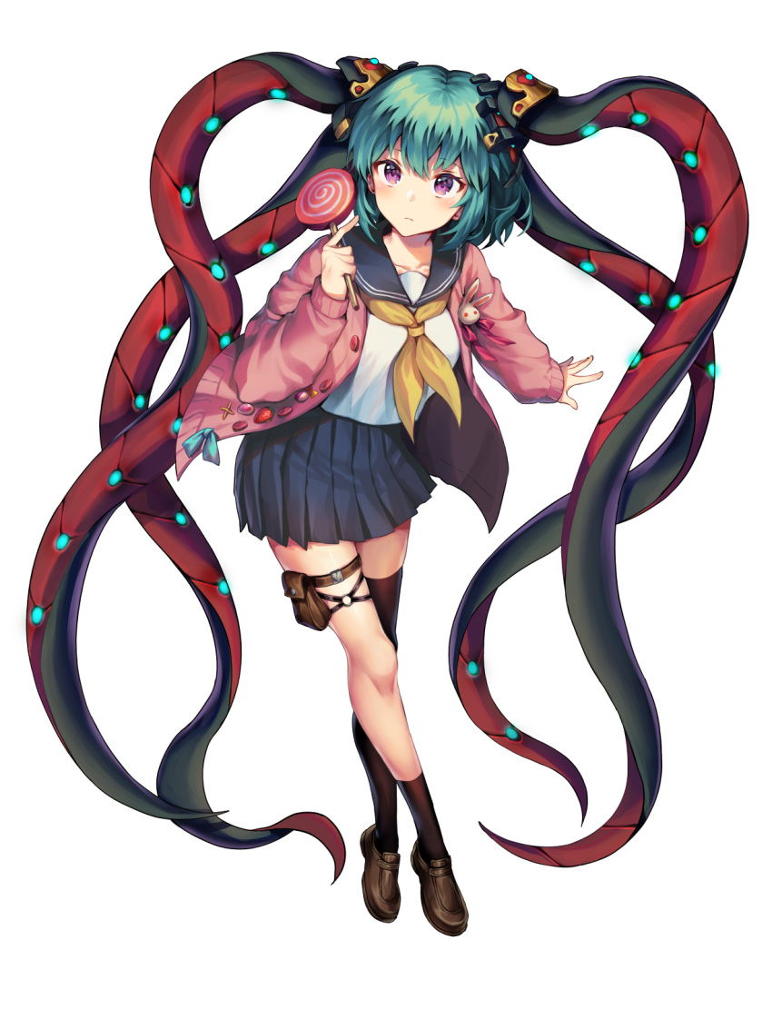 1girl, alternate_costume, animal_ears, ankle_socks, aqua_ribbon, artist_request, asymmetrical_legwear, belt, belt_pouch, black_socks, black_thighhighs, blue_sailor_collar, blue_skirt, blush, bow, brown_belt, brown_footwear, brown_pouch, buttons, candy, collarbone, final_gear, food, full_body, green_hair, heart, heart_print, highres, holding, holding_candy, holding_food, holding_lollipop, jacket, jacket_bow, jacket_ribbon, leg_belt, loafers, lollipop, mecha_musume, mechanical_parts, mechanical_tentacles, mismatched_legwear, neckerchief, nia_(final_gear), o-ring, o-ring_thigh_strap, official_alternate_costume, official_art, pink_jacket, pink_ribbon, pink_sleeve_cuffs, pleated_skirt, pouch, rabbit_ears, rabbit_ornament, ribbon, sailor_collar, school_uniform, serafuku, shoes, short_hair, simple_background, skirt, sleeve_cuffs, socks, solo, strawberry_ornament, striped_collar, sweater_jacket, tachi-e, thigh-highs, thigh_belt, thigh_strap, third-party_source, transparent_background, violet_eyes, yellow_bow, yellow_neckerchief