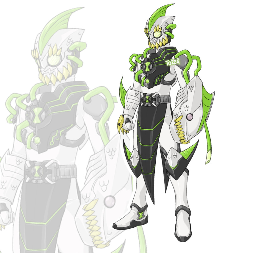 1boy, alien, alternate_design, armor, belt, ben_10, bodysuit, compound_eyes, fins, gills, green_eyes, green_pupils, head_fins, helmet, highres, kamen_rider, kamen_rider_omnitrix_(toze), omnitrix, rider_belt, ripjaws, solo, spikes, to_ze, tokusatsu, webbed_hands