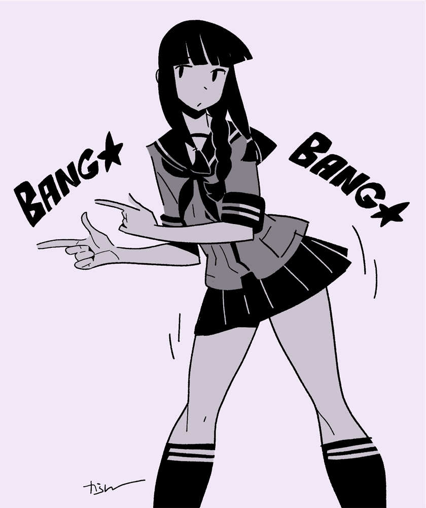 1girl, blunt_bangs, blunt_tresses, callan_(callancoe), commentary_request, facing_viewer, feet_out_of_frame, grey_background