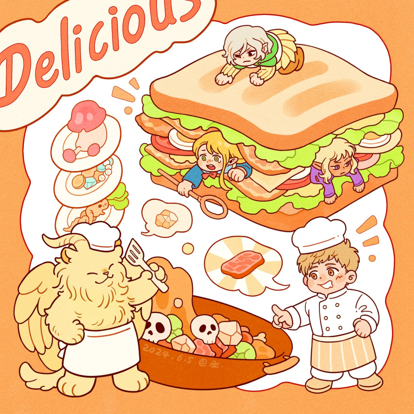 1girl, 4boys, ambrosia_(dungeon_meshi), animal_ears, apron, blonde_hair, bread, bread_slice, chef_hat, chibi, chibi_only, closed_eyes, closed_mouth, dark-skinned_male, dark_skin, dated, demon_horns, dungeon_meshi, egg_(food), english_text, feathered_wings, food, furry, furry_male, hat, highres, holding, holding_spatula, holding_staff, horns, laios_touden, lion_boy, lion_ears, lion_tail, mage_staff, mandragora, marcille_donato, meat, mithrun, mukumuku_u, multiple_boys, notice_lines, plate, salad, saliva, sandwich, skull, spatula, spoilers, spoken_food, staff, tail, thistle_(dungeon_meshi), tomato, tomato_slice, treasure_bug_(dungeon_meshi), waist_apron, walking_mushroom_(dungeon_meshi), winged_lion_(dungeon_meshi), wings, yellow_fur