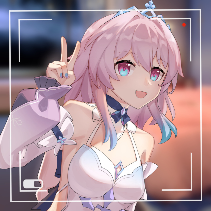 1girl, bare_shoulders, battery_indicator, blue_eyes, blue_hair, blue_nails, blurry, blurry_background, breasts, colored_tips, depth_of_field, detached_sleeves, dress, gradient_nails, hand_up, highres, honkai:_star_rail, honkai_(series), lisebai, long_sleeves, march_7th_(dress)_(honkai:_star_rail), march_7th_(honkai:_star_rail), medium_breasts, multicolored_hair, nail_polish, official_alternate_costume, open_mouth, pink_eyes, pink_hair, pink_nails, pink_pupils, purple_sleeves, smile, solo, tiara, two-tone_eyes, v, white_dress, white_sleeves