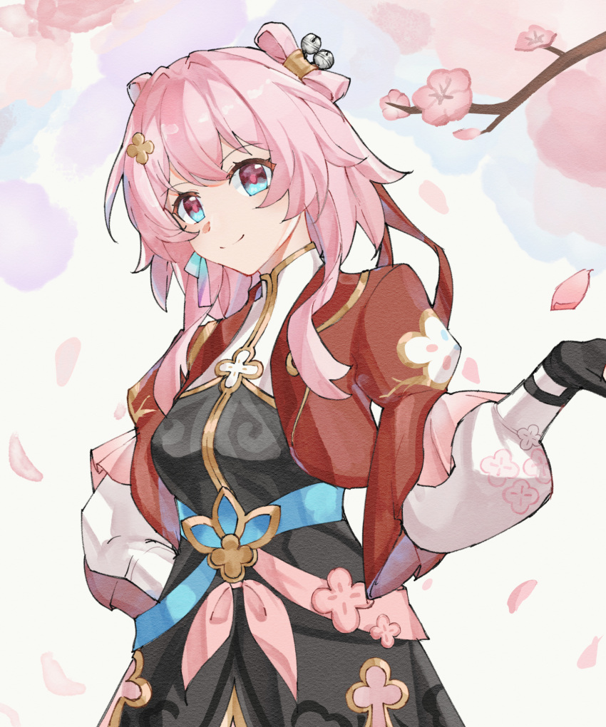 1girl, bell, belt, black_dress, black_gloves, blue_belt, blue_eyes, breasts