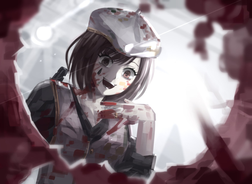 1girl, black_shirt, blood, blood_on_clothes, blood_on_face, brown_eyes, brown_hair, hat, highres, light, limbus_company, looking_at_viewer, open_mouth, project_moon, project_sekai, rahthelathe, shinonome_ena, shirt, short_hair, solo
