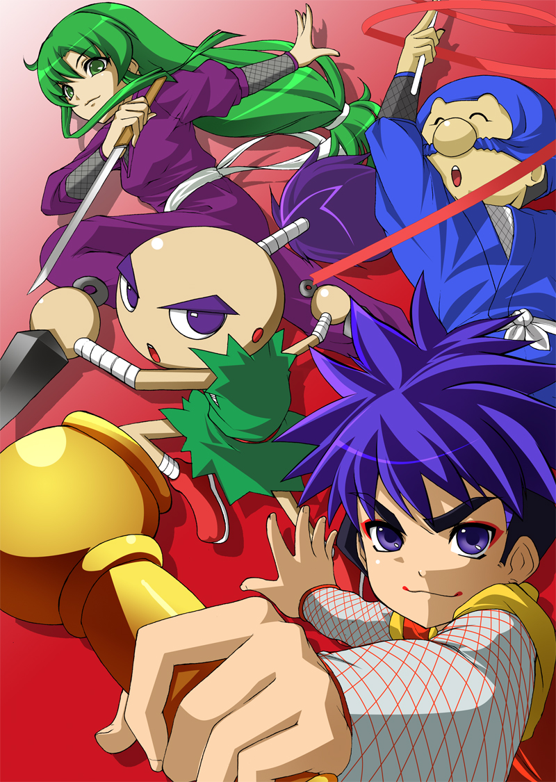 1girl, 3boys, blue_eyes, blue_hair, ebisumaru, ganbare_goemon, goemon, green_eyes