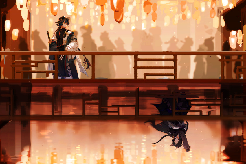 1boy, 1girl, animal_ears, arknights, beads, black_hair, black_kimono, black_tabard