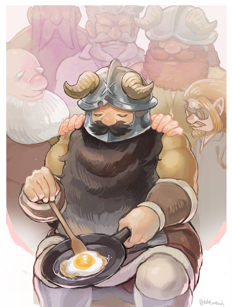 6+boys, beard, border, brigan_(dungeon_meshi), brown_hair, closed_eyes, cooking, dungeon_meshi