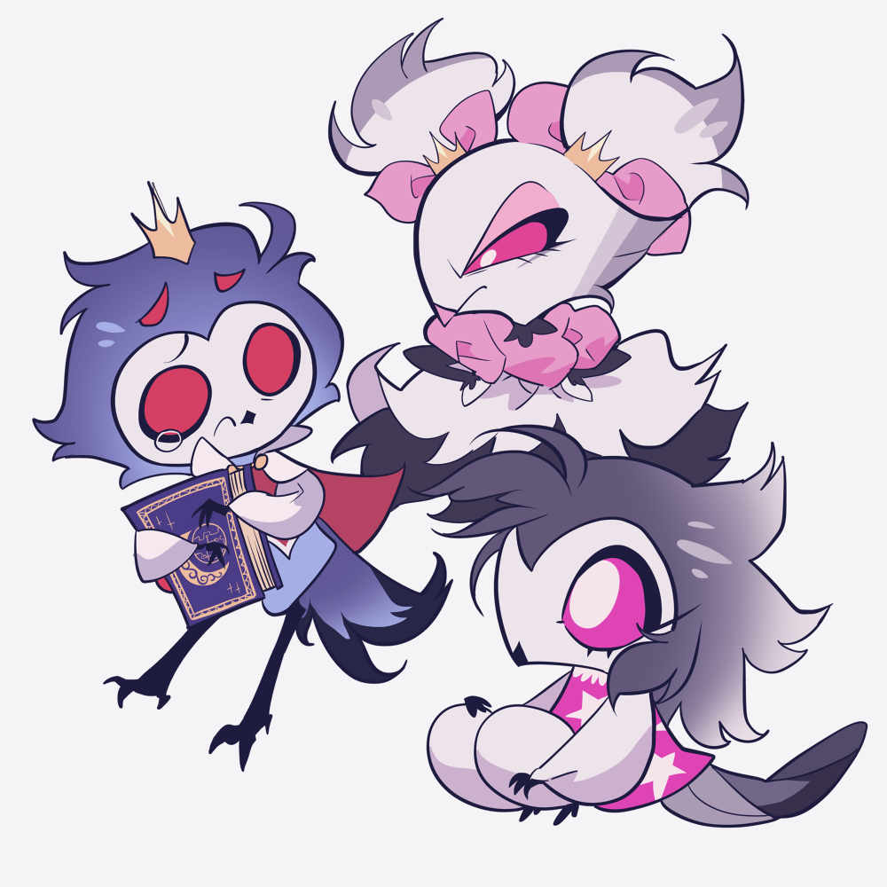 1boy, 2girls, aged_down, bad_id, bad_pixiv_id, bird_boy, book, bow, closed_mouth, colored_sclera, crown, dress, full_body, furrowed_brow, furry, furry_male, grey_background, hair_bow, helluva_boss, holding, holding_book, looking_at_another, meremero, multiple_girls, octavia_(helluva_boss), owl_boy, pink_bow, pink_dress, pink_sclera, red_eyes, simple_background, sitting, standing, stella_(helluva_boss), stolas_(helluva_boss), talons, tearing_up, white_eyes