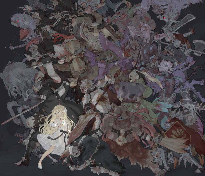 armor, axe, battle_axe, blonde_hair, claw_(weapon), commentary_request, dark_witch_eleine, dress