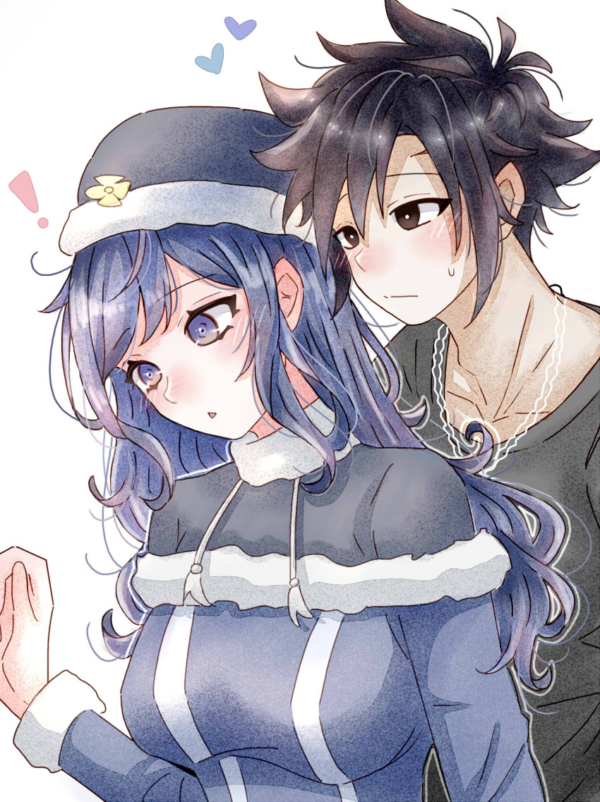 !, 1boy, 1girl, 7_(milu577610), black_capelet, black_eyes, black_hair, black_hat