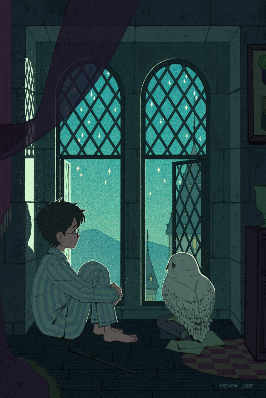 1boy, barefoot, bird, black_hair, book, glass, glasses, harry_potter
