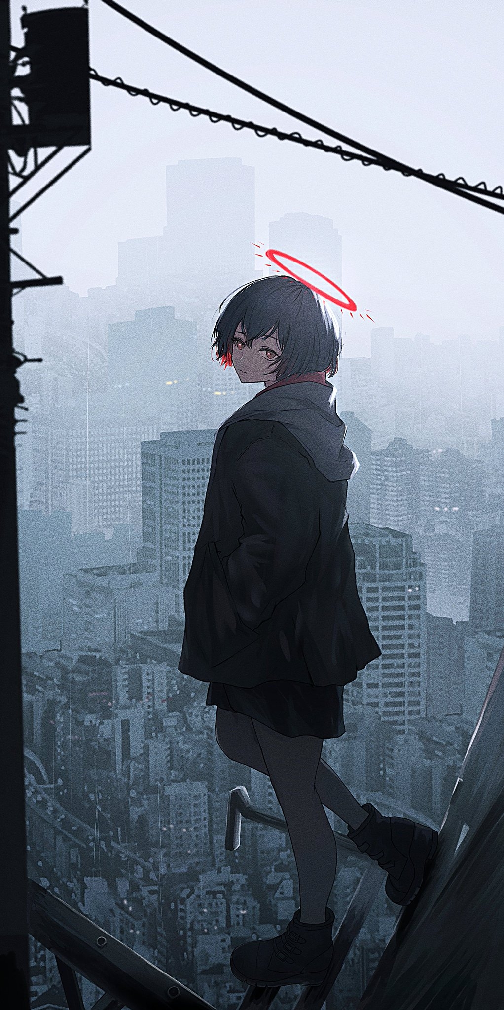 1girl, banakotakemaru, black_footwear, black_hair, black_jacket, boots, city, cityscape, closed_mouth, commentary_request, full_body, halo, hands_in_pocket, highres, hood, hooded_jacket, jacket, long_sleeves, looking_at_viewer, looking_back, original, outdoors, red_eyes, red_halo, short_hair, sky, solo, standing