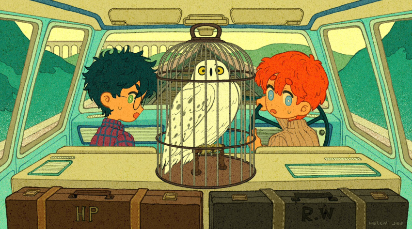 2boys, bird, birdcage, blue_eyes, cage, car, car_interior, checkered_clothes