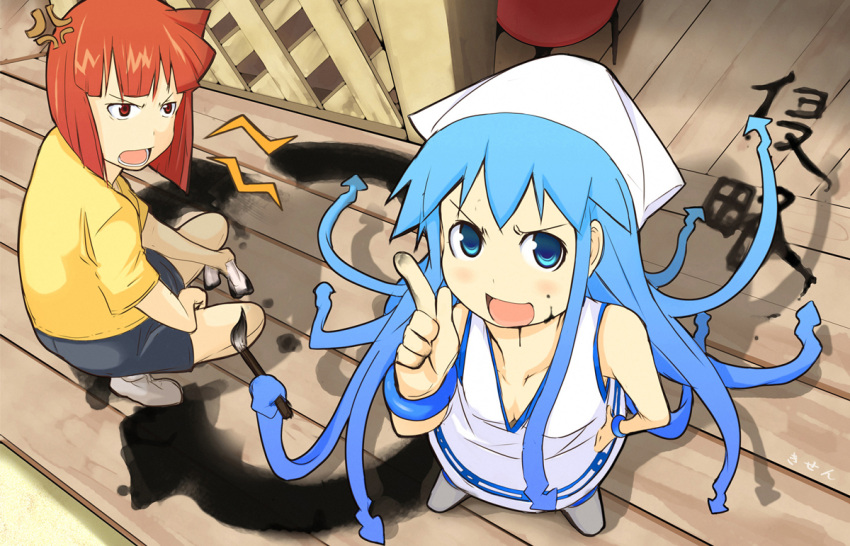 aizawa_eiko, anger_vein, angry, blue_eyes, blue_hair, from_above, hat, ikamusume, ink, kisen_shijima, long_hair, multiple_girls, paintbrush, prehensile_hair, red_eyes, red_hair, redhead, shinryaku!_ikamusume, short_hair, squid_ink, tentacle_hair, tentacles, translated, translation_request