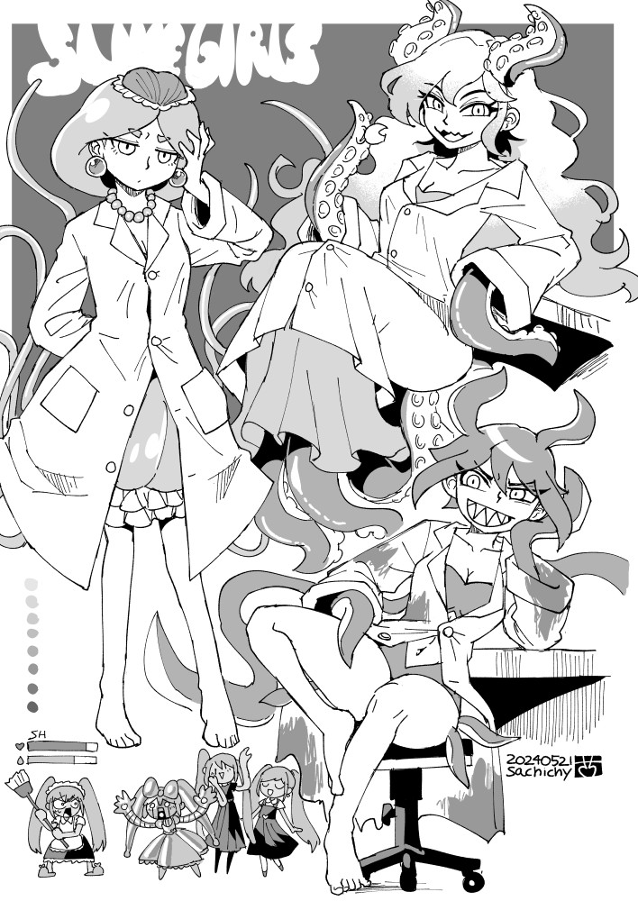 6+girls, aizawa_sachi, barefoot, broom, closed_mouth, earrings, evil_grin, evil_smile