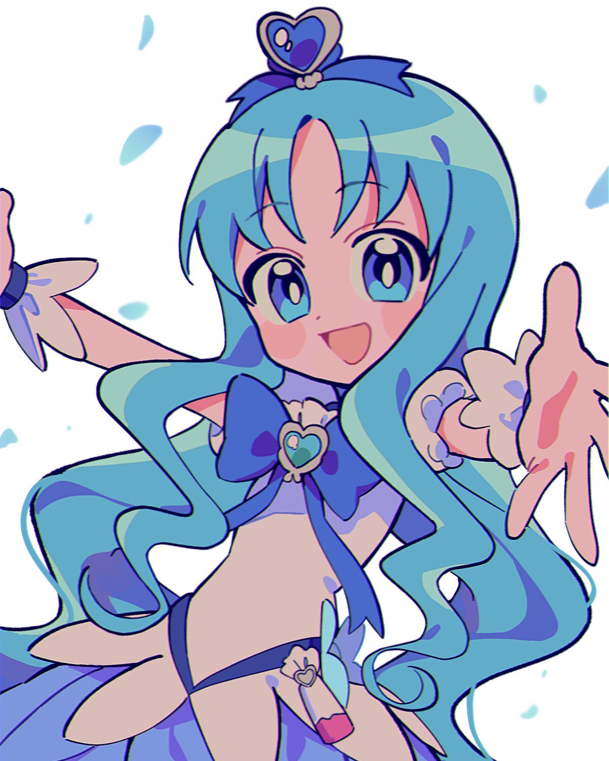 1girl, :d, bad_id, bad_twitter_id, blue_bow, blue_eyes, blue_hair, blue_skirt